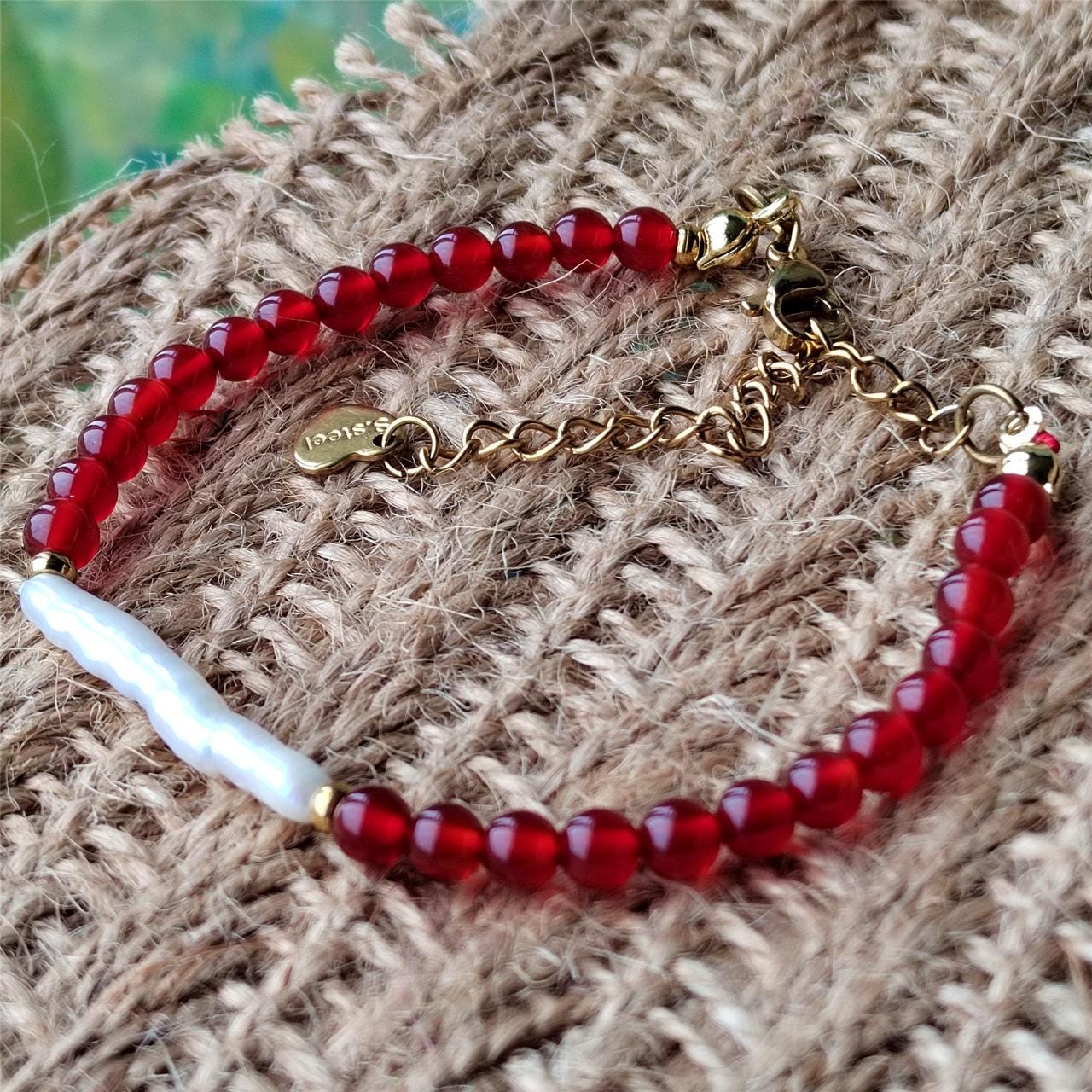 Red Agate & Baroque Pearl Bracelet, Natural Gemstone Handmade Jewelry