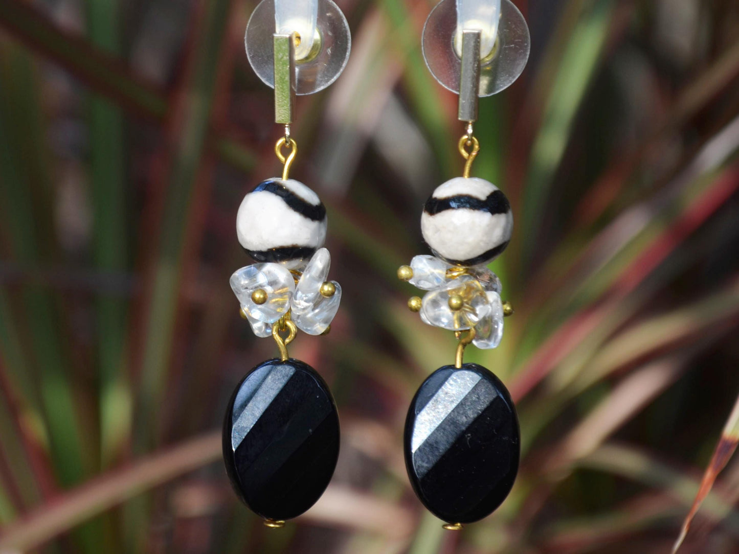 Natural Quartz Crystal Dangle Earrings with Black Onyx & Agate Boho Jewelry