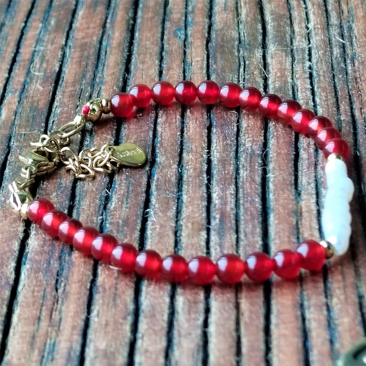 Red Agate & Baroque Pearl Bracelet, Natural Gemstone Handmade Jewelry