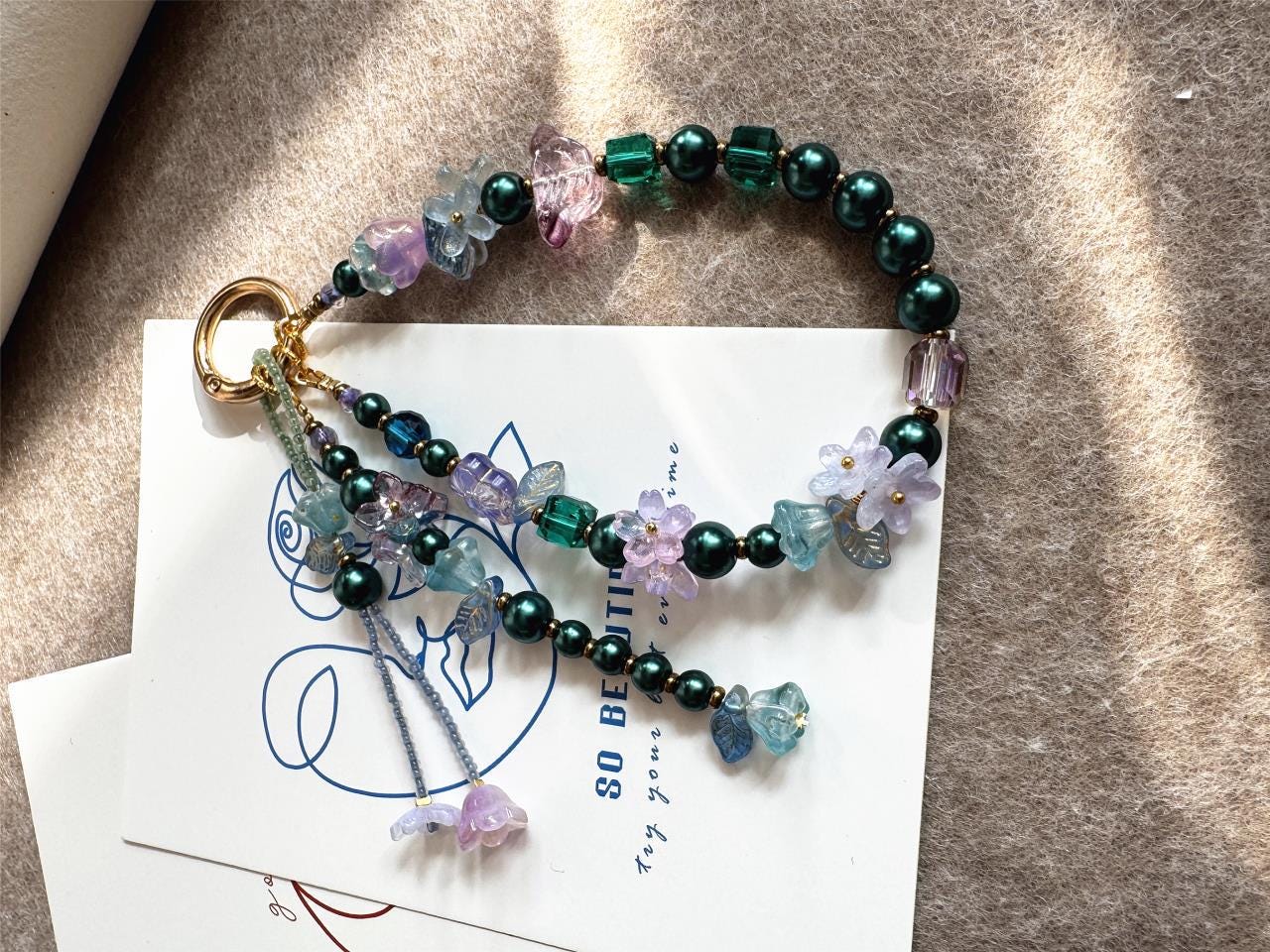 Boho Bead Phone-Chain, Camellia Flower Phone Strap, Handmade Glass Beaded Phone Charm for Women