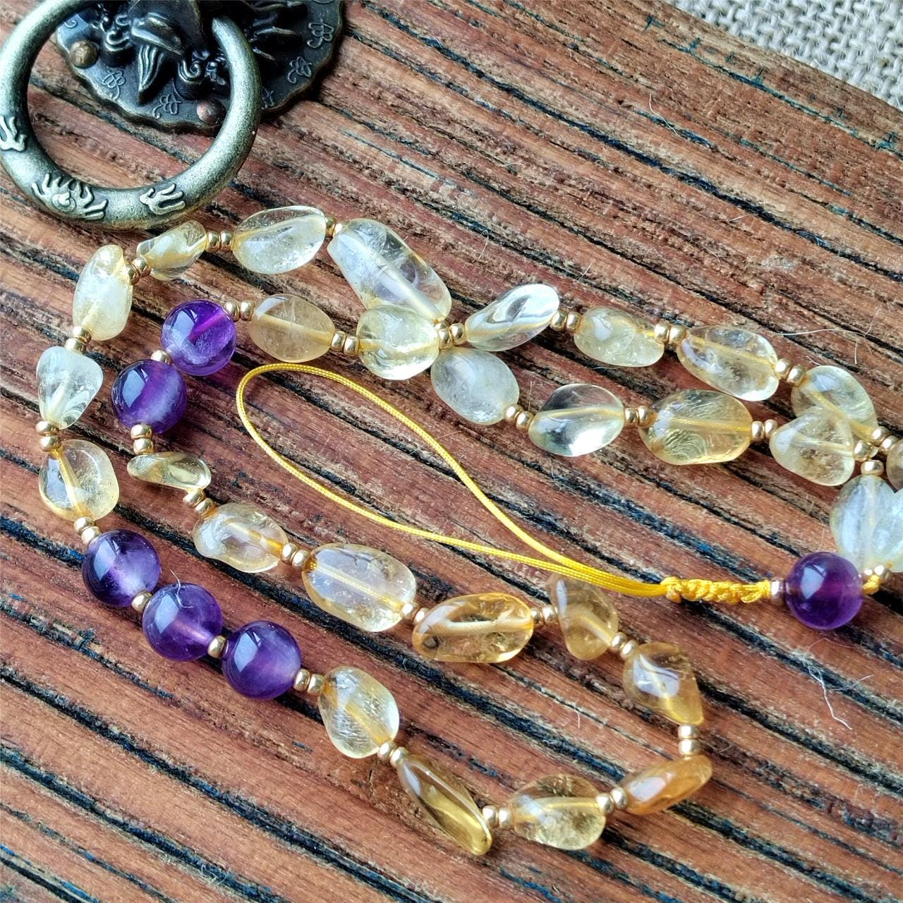Citrine & Amethyst Crystal Phone Charm: Handmade Boho Gift