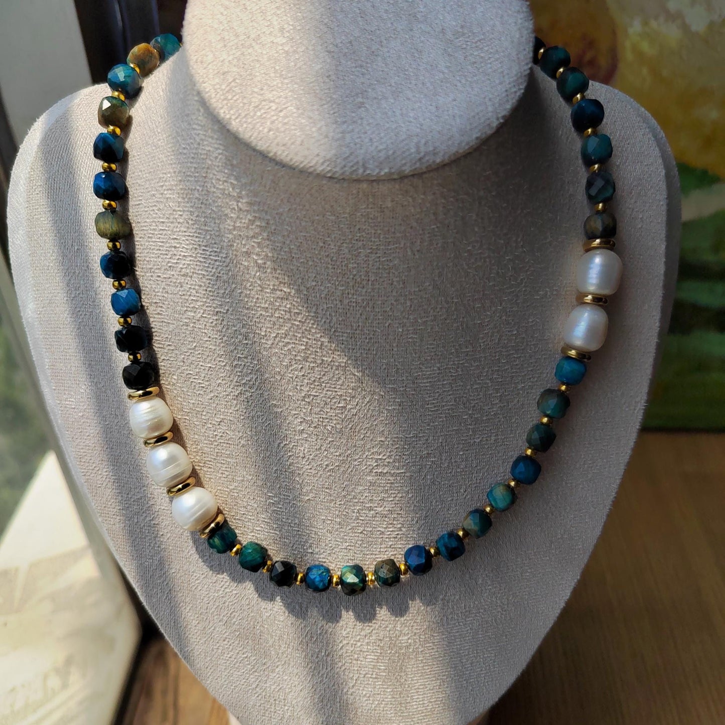 Beaded Necklace Natural Crystal Blue Tiger's Eyes & Pearl Boho Chic Handmade Gemstone Jewelry Elegant DIY Craft gift for her