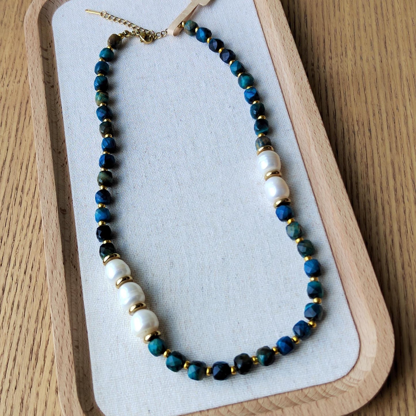Beaded Necklace Natural Crystal Blue Tiger's Eyes & Pearl Boho Chic Handmade Gemstone Jewelry Elegant DIY Craft gift for her