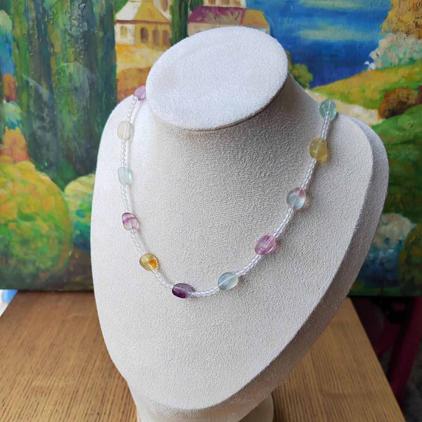 Handmade Fluorite & Clear Quartz Gemstone Necklace: Sterling Gold Plated