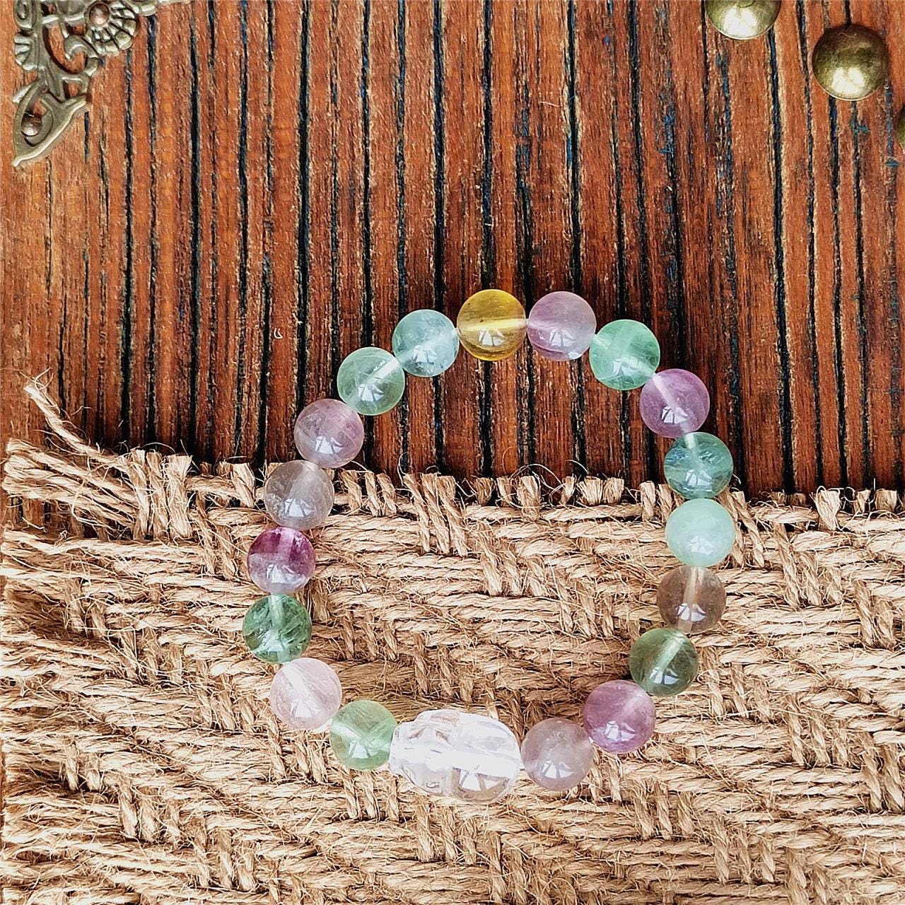Natural Rainbow Fluorite Clear Quartz Bracelet Boho Healing Crystal Bracelet handmade beaded Bracelets