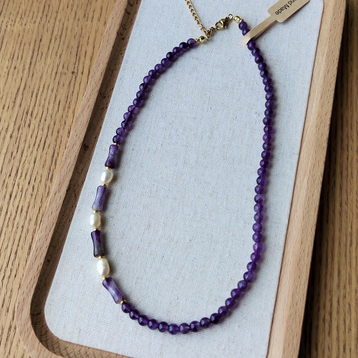 Amethyst Beads & Freshwater Pearl Necklace: Handmade Boho Healing Crystal
