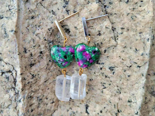 Handmade Ruby Zoisite Heart Earrings: Quartz Drop, Crystal Gemstone Jewelry Boho Earrings