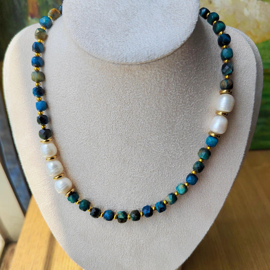Beaded Necklace Natural Crystal Blue Tiger's Eyes & Pearl Boho Chic Handmade Gemstone Jewelry Elegant DIY Craft gift for her