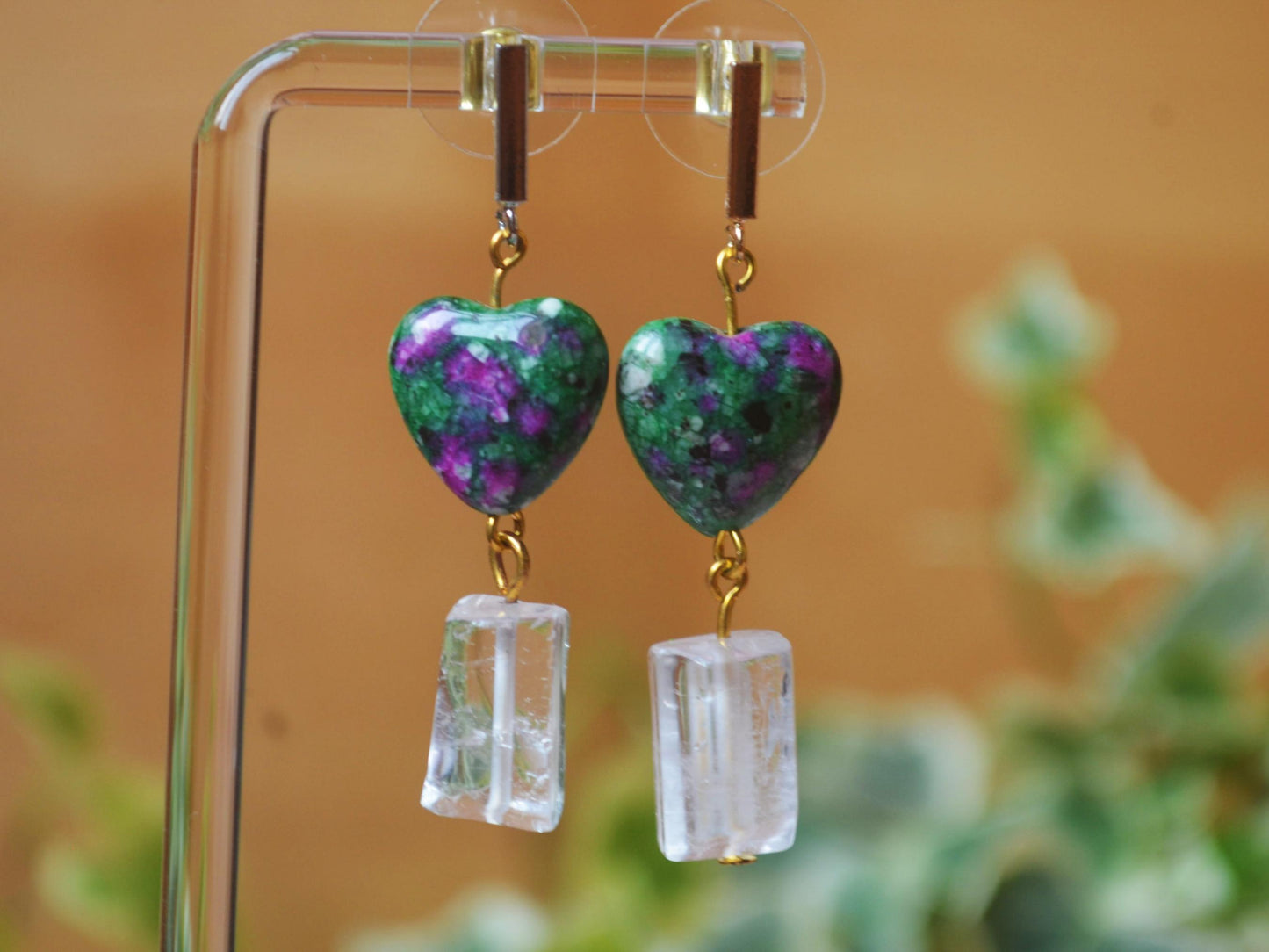 Handmade Ruby Zoisite Heart Earrings: Quartz Drop, Crystal Gemstone Jewelry Boho Earrings