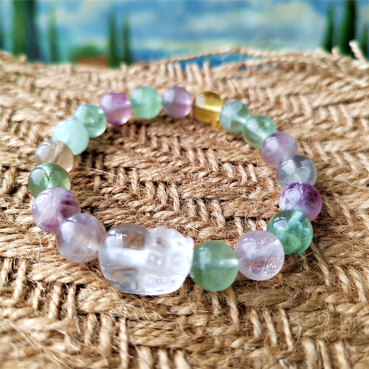 Natural Rainbow Fluorite Clear Quartz Bracelet Boho Healing Crystal Bracelet handmade beaded Bracelets