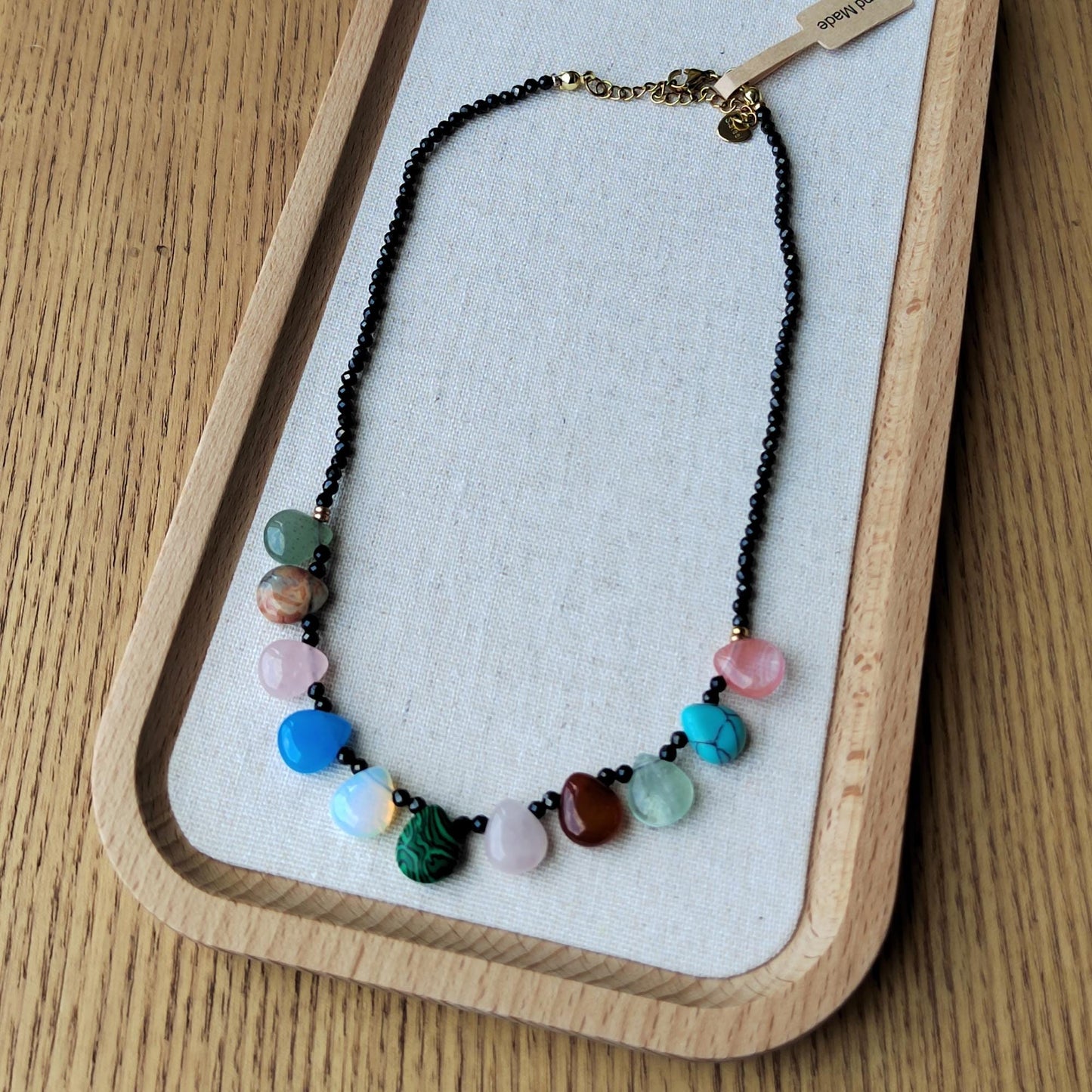 Black Spinel & Teardrop Crystal Necklace: Handmade Sterling Golden-Plated Chain