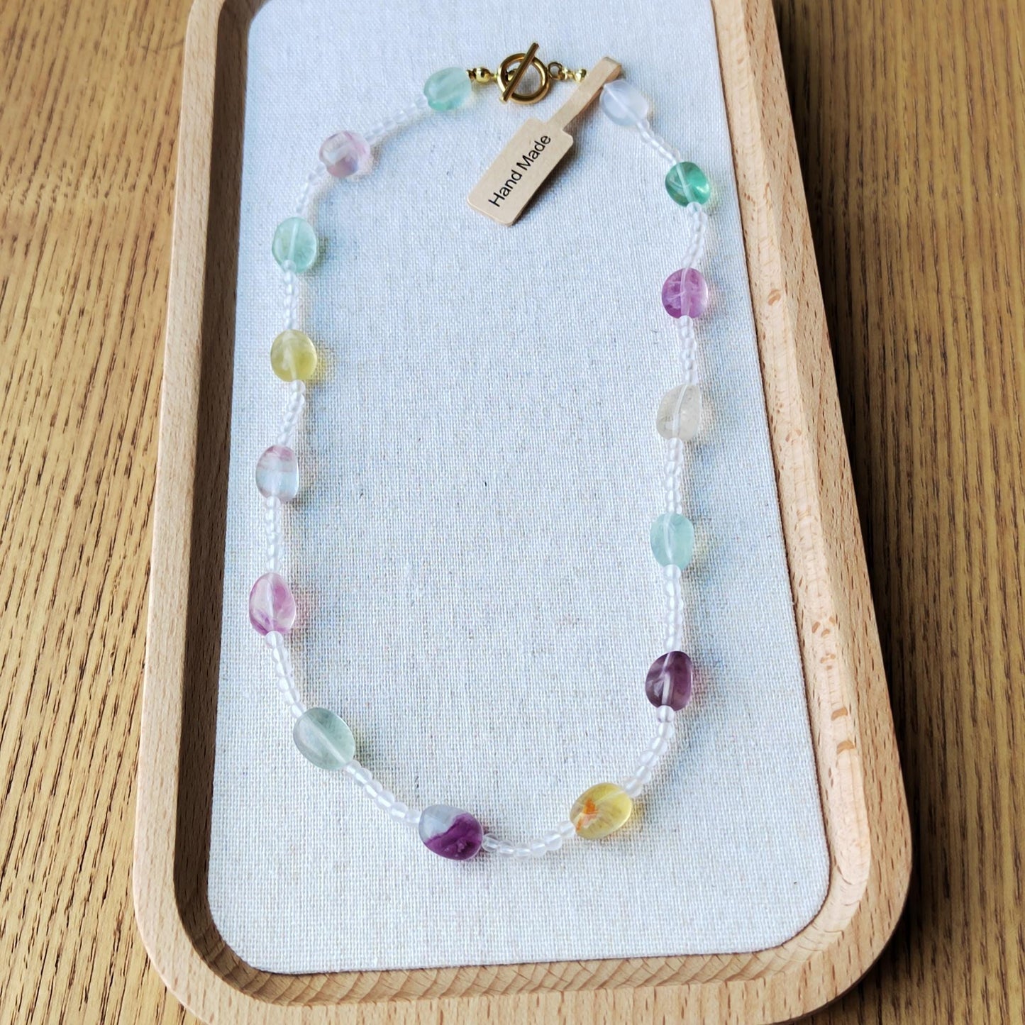 Handmade Fluorite & Clear Quartz Gemstone Necklace: Sterling Gold Plated
