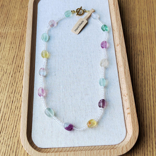Handmade Fluorite & Clear Quartz Gemstone Necklace: Sterling Gold Plated