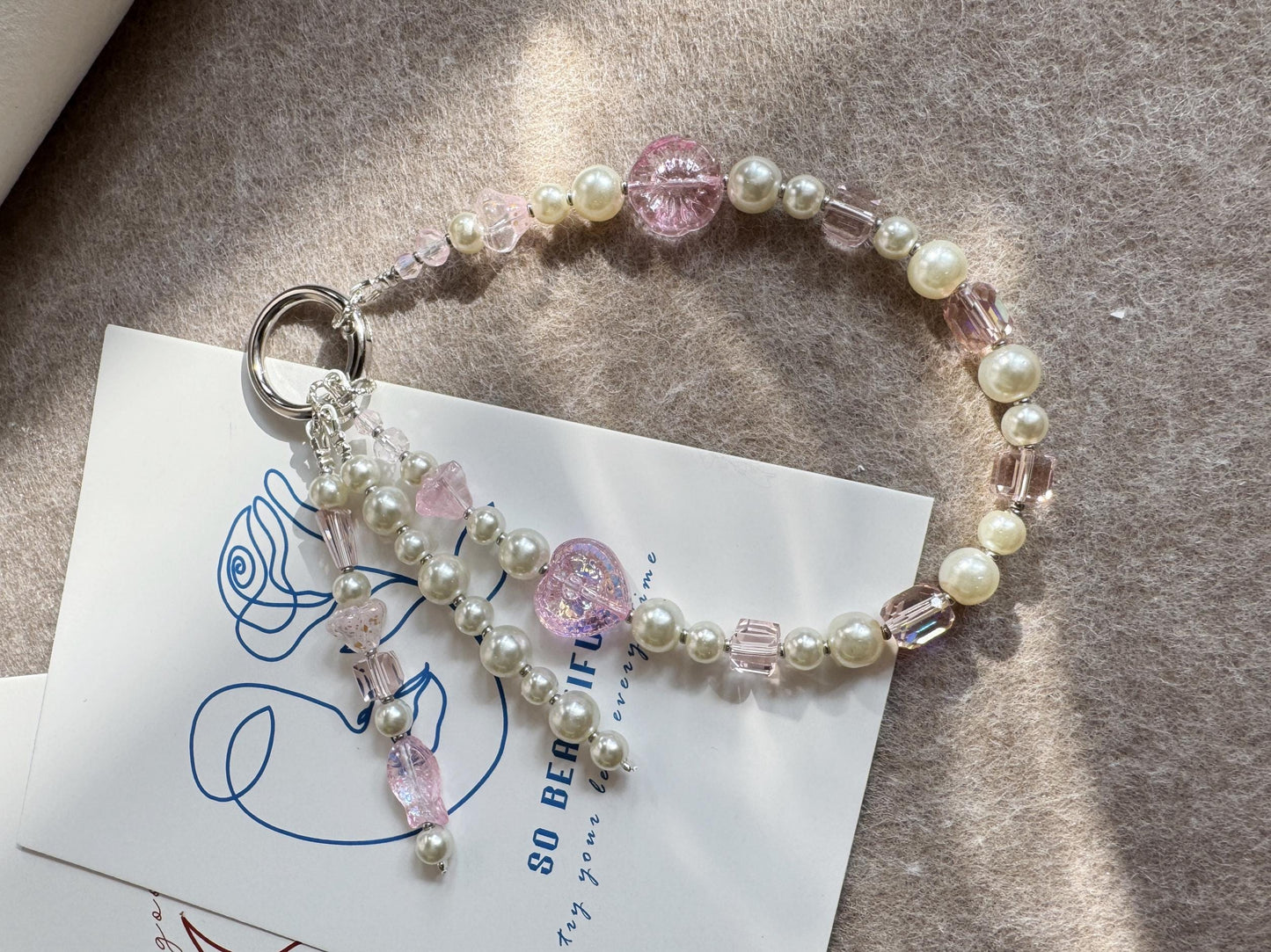Handmade Pink Crystal Phone Charm , Aesthetic Phone Strap, Cute Boho Glass Keychain for Women, Gift for Her