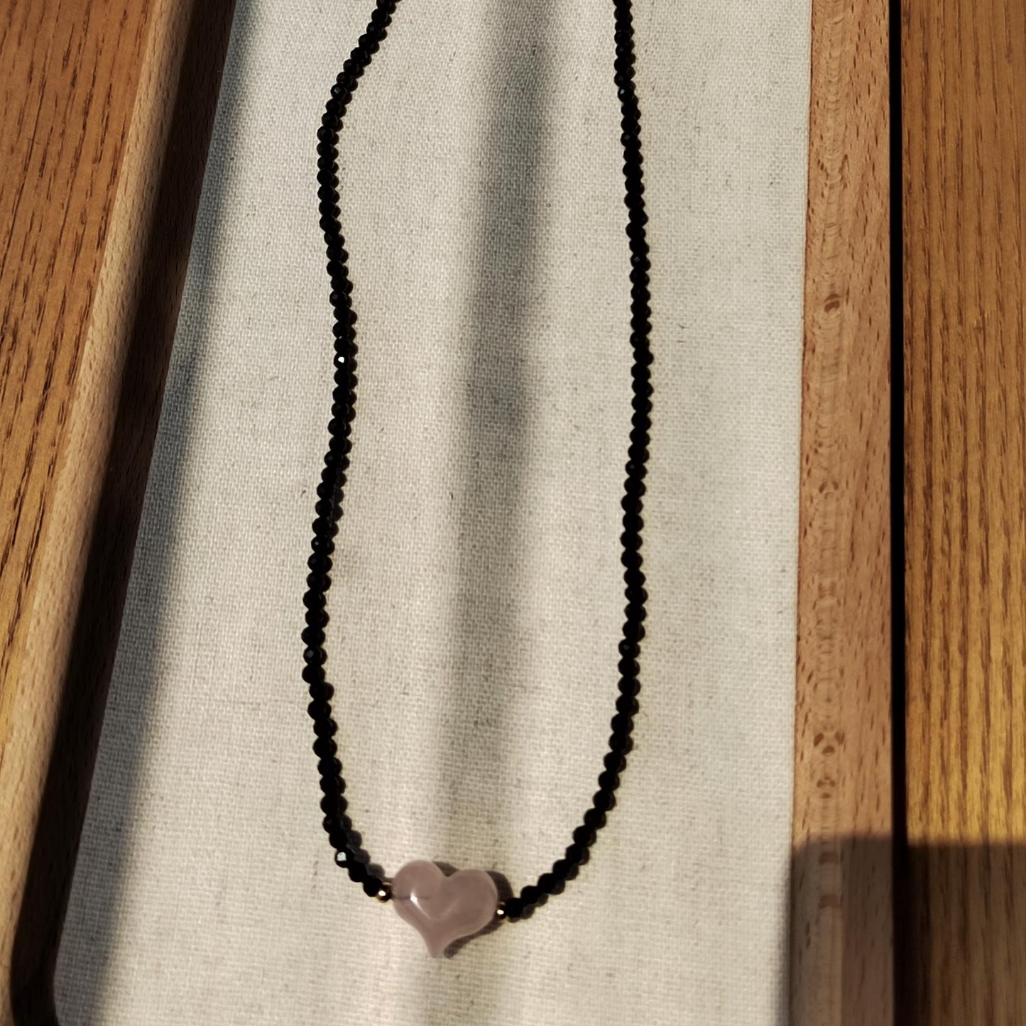 Handmade Natural Black Spinel Diamond - Cut & Pink Quartz Heart Necklace