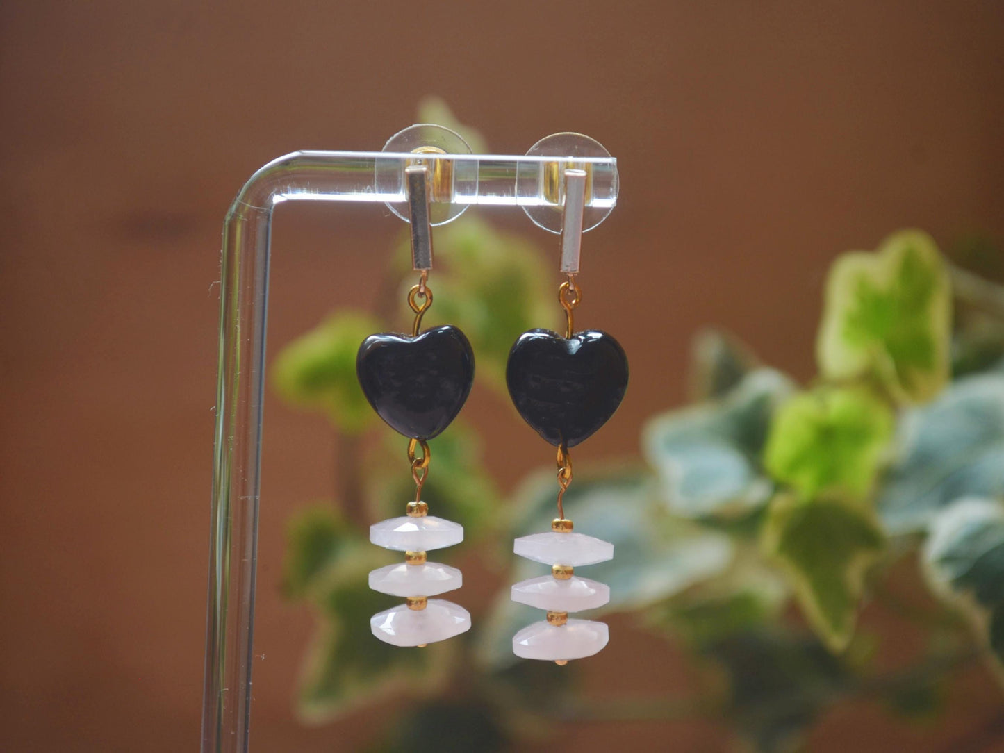 Handmade Black Agate & Rose Quartz Earrings: Gold-Plated, Art Deco Heart Shaped DIY Crystal Jewelry