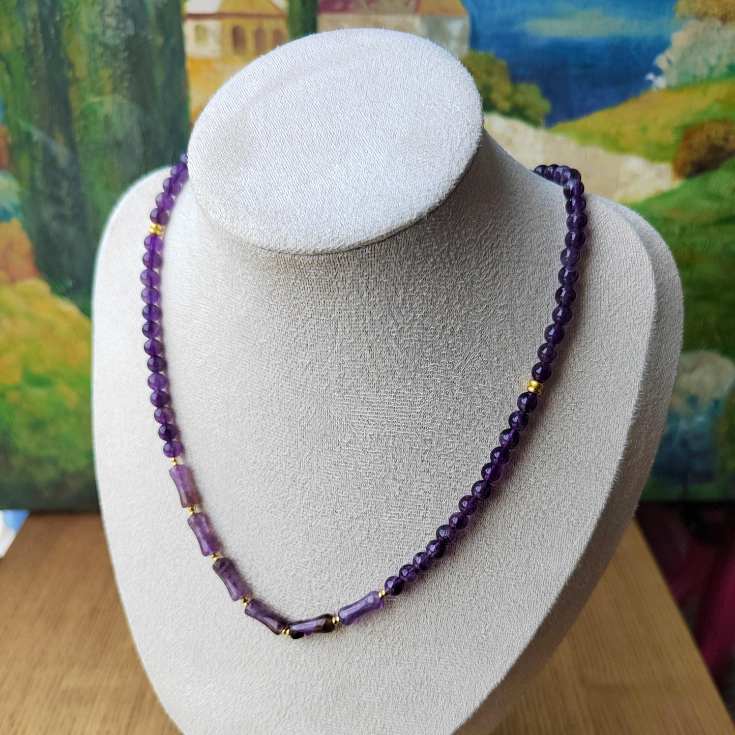 Handmade Amethyst Bead Necklace Sterling Gold Plated Chain Elegant Gemstone Jewelry DIY Craft
