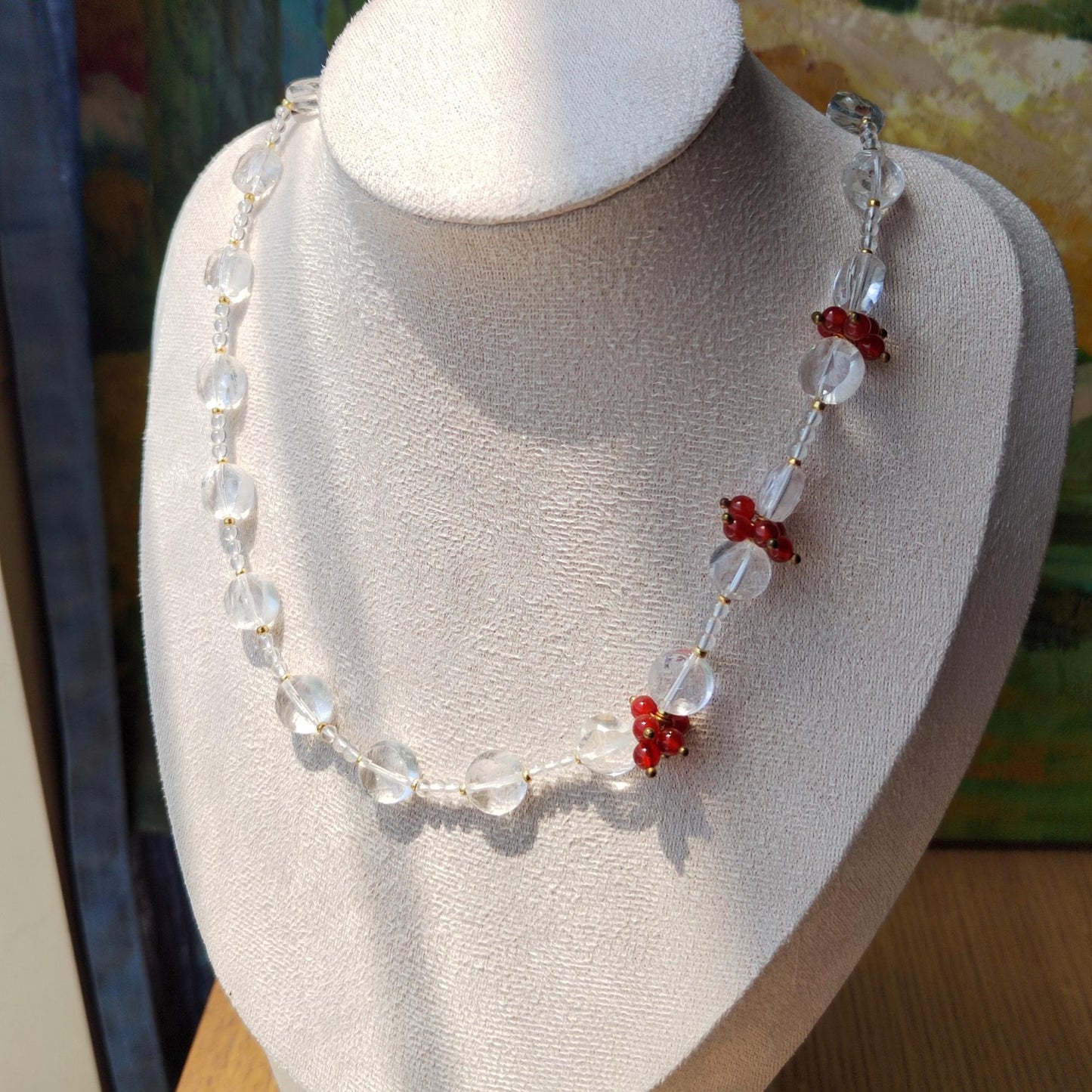 Handmade Natural Clear Quartz & Red Agate Beaded Necklace Real Crystal Jewelry