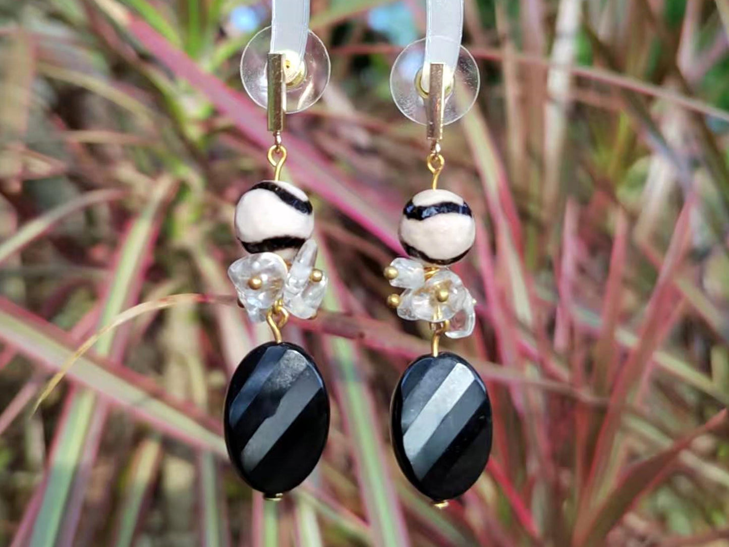 Natural Quartz Crystal Dangle Earrings with Black Onyx & Agate Boho Jewelry