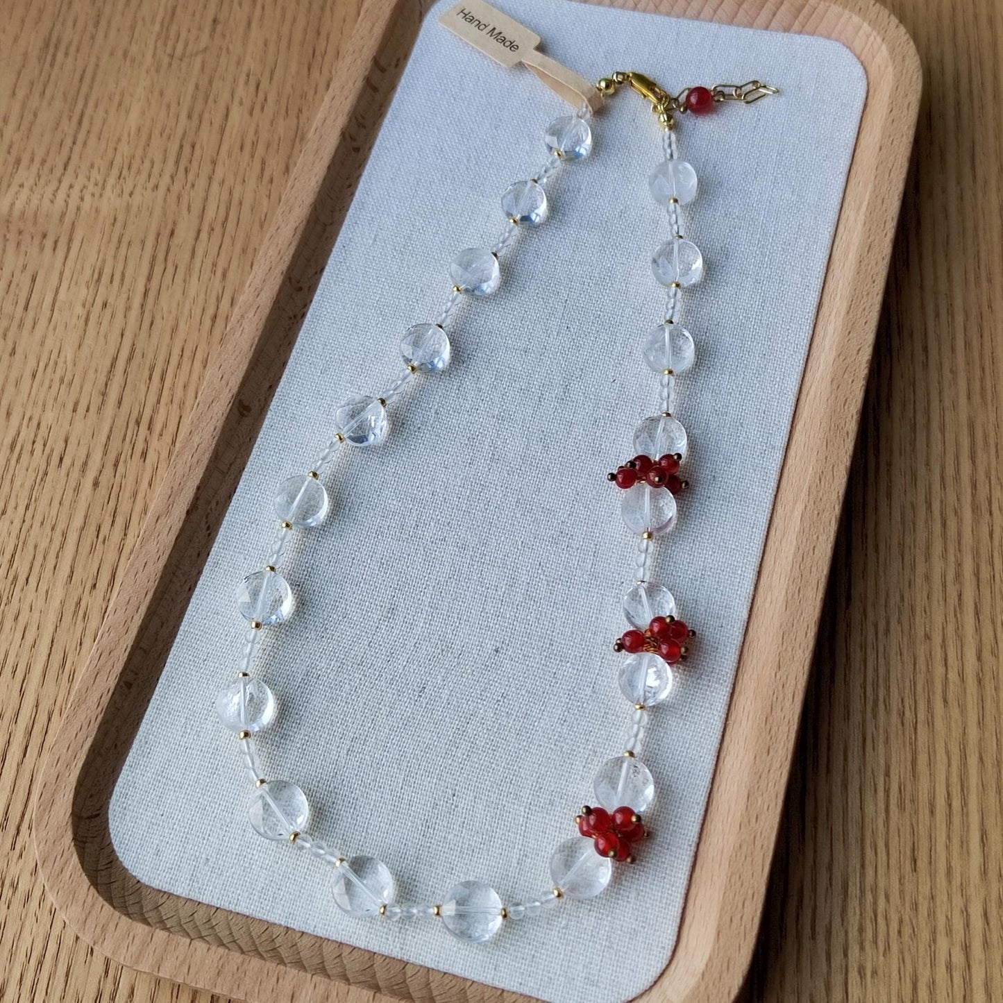 Handmade Natural Clear Quartz & Red Agate Beaded Necklace Real Crystal Jewelry