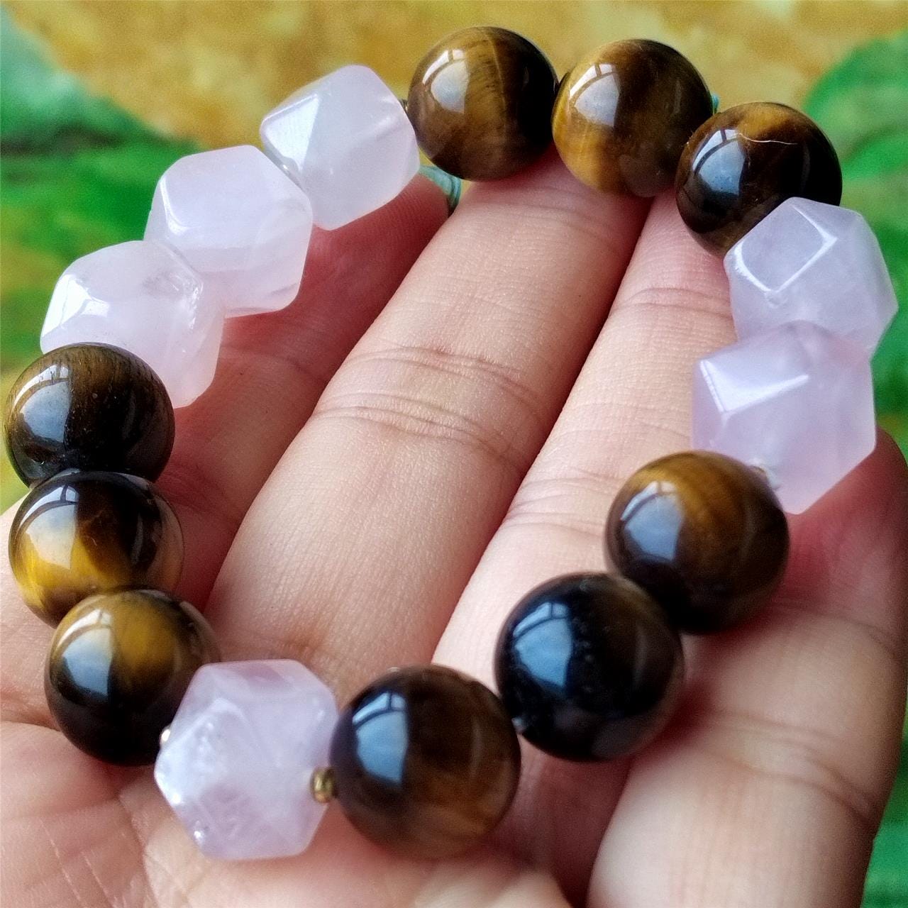 Tiger Eye & Rose Quartz Crystal Bracelet: Handmade Gemstone Jewelry