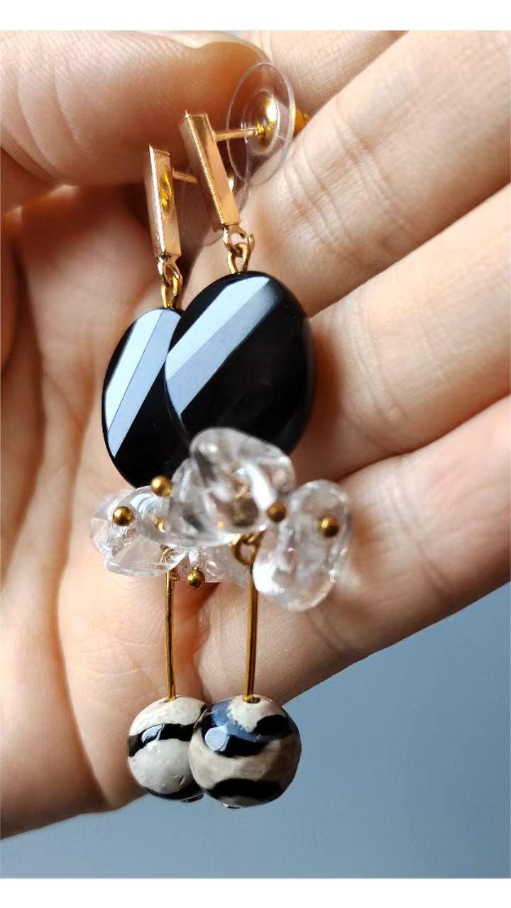 Black Agate & Clear Quartz Drop Earrings: Crystal Healing Gemstone Jewelry Boho Earrings