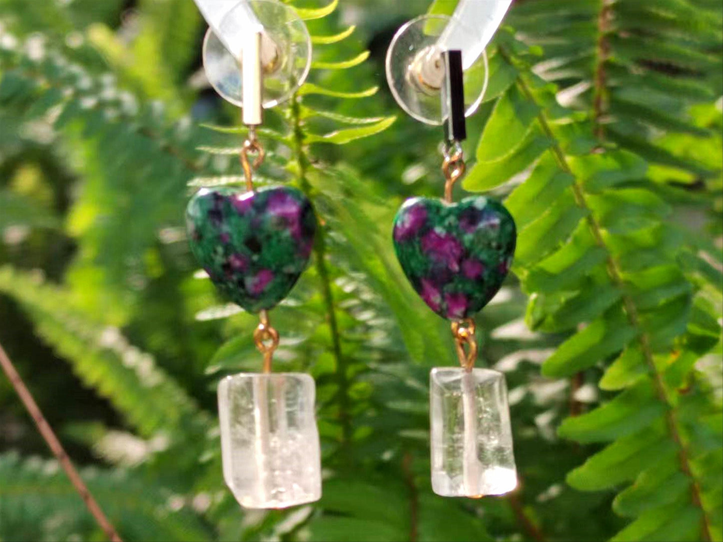Handmade Ruby Zoisite Heart Earrings: Quartz Drop, Crystal Gemstone Jewelry Boho Earrings