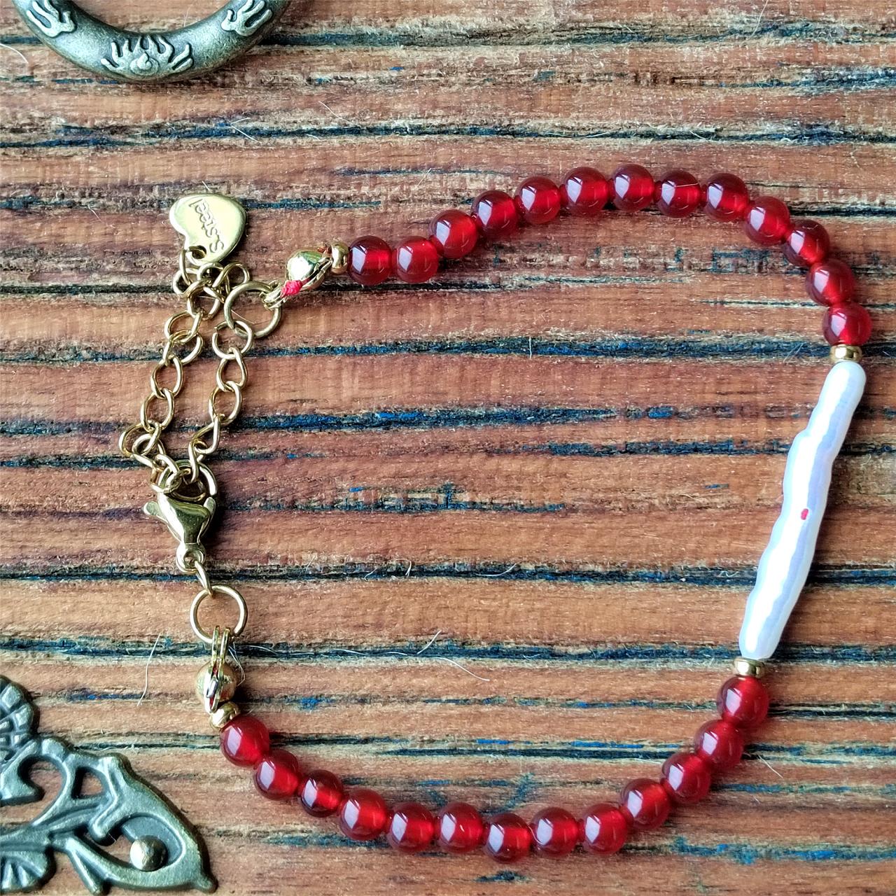Red Agate & Baroque Pearl Bracelet, Natural Gemstone Handmade Jewelry
