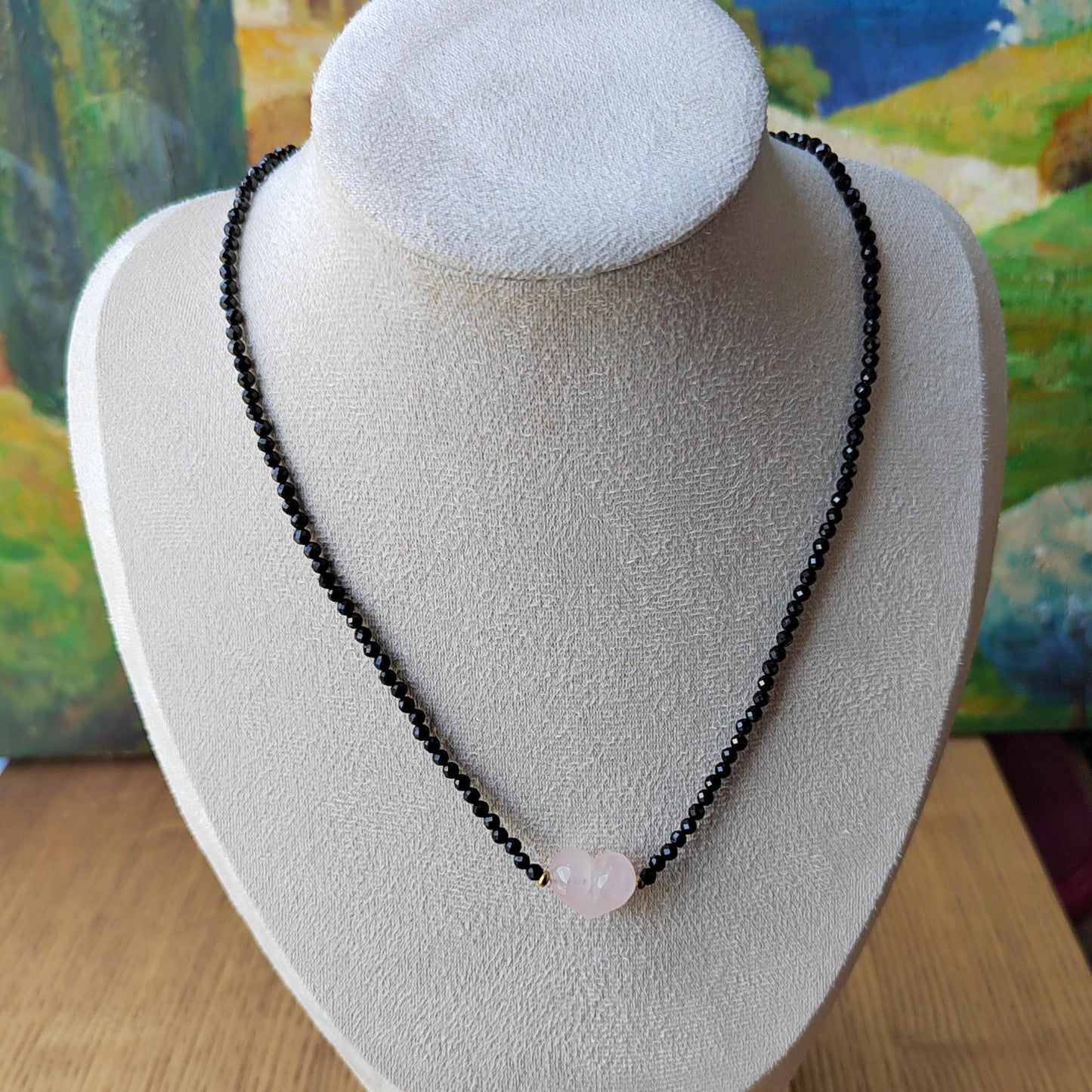 Handmade Natural Black Spinel Diamond - Cut & Pink Quartz Heart Necklace