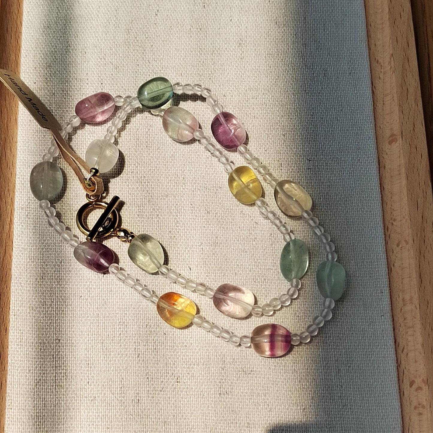 Handmade Fluorite & Clear Quartz Gemstone Necklace: Sterling Gold Plated