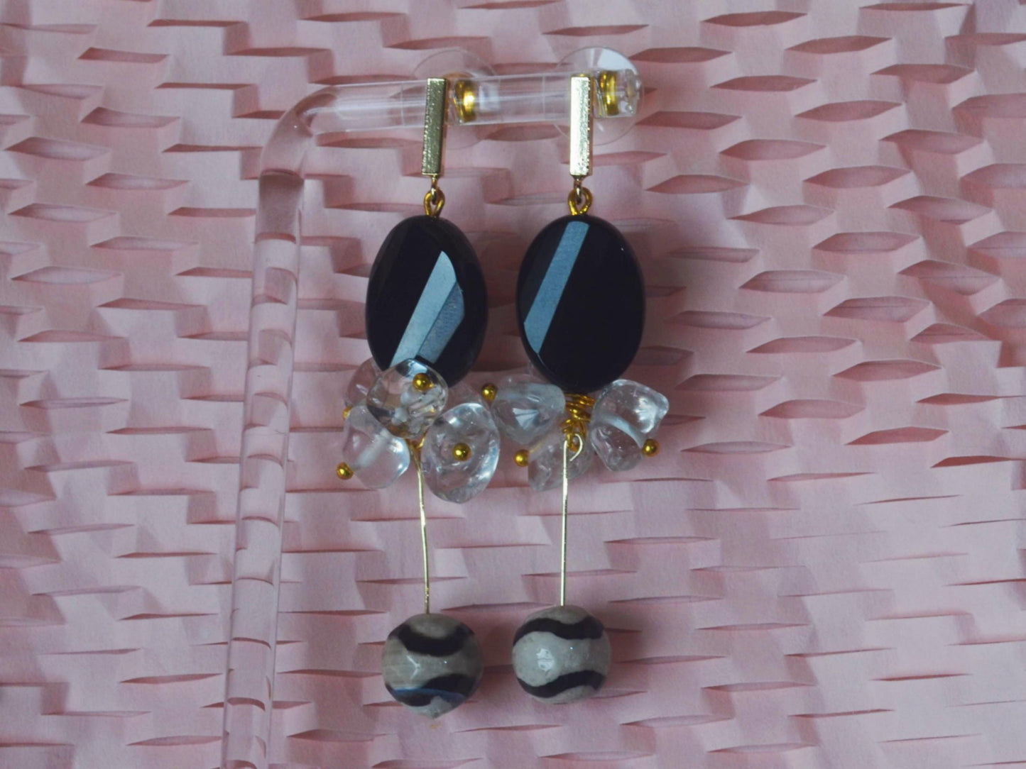 Black Agate & Clear Quartz Drop Earrings: Crystal Healing Gemstone Jewelry Boho Earrings