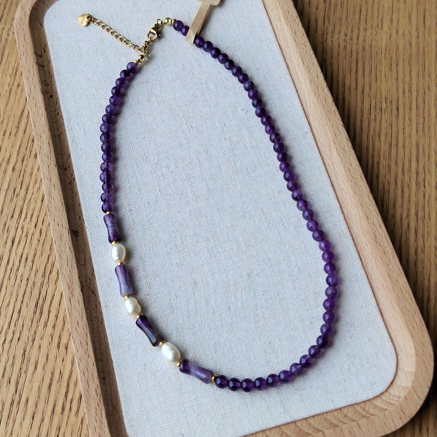 Amethyst Beads & Freshwater Pearl Necklace: Handmade Boho Healing Crystal
