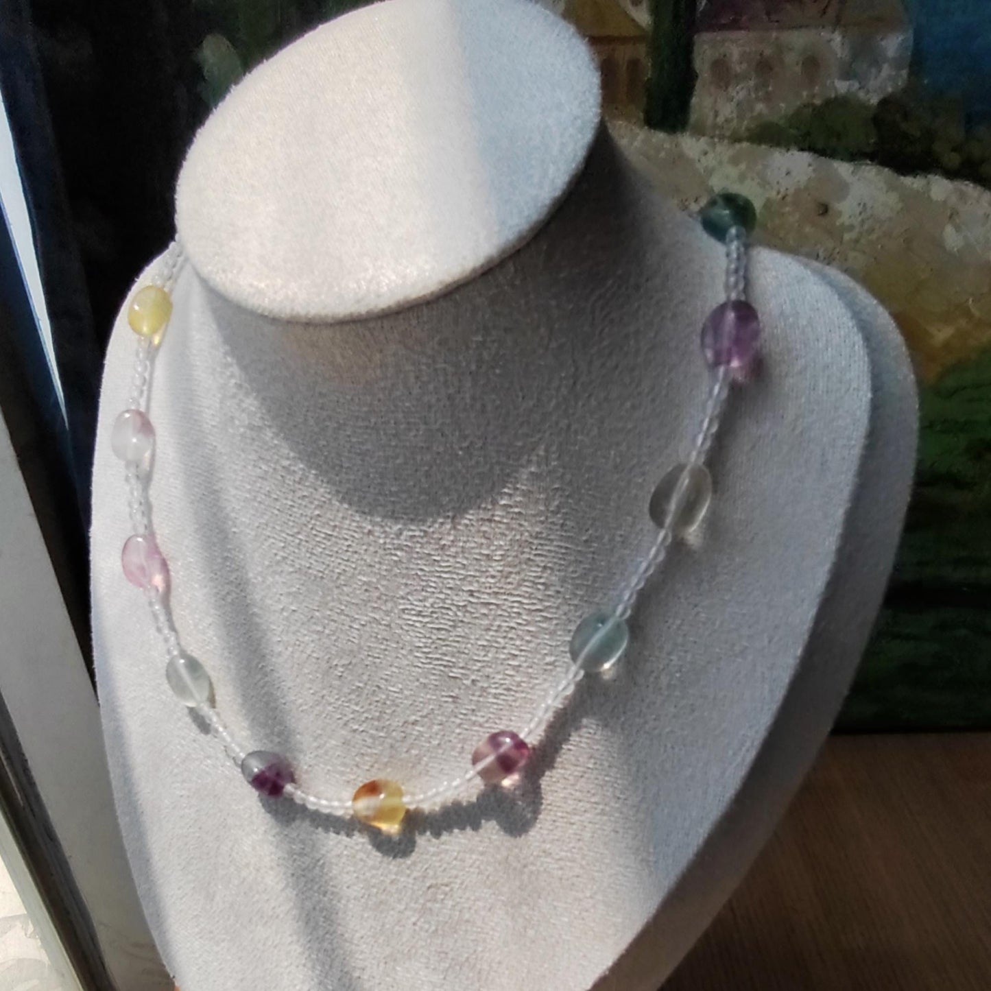 Handmade Fluorite & Clear Quartz Gemstone Necklace: Sterling Gold Plated