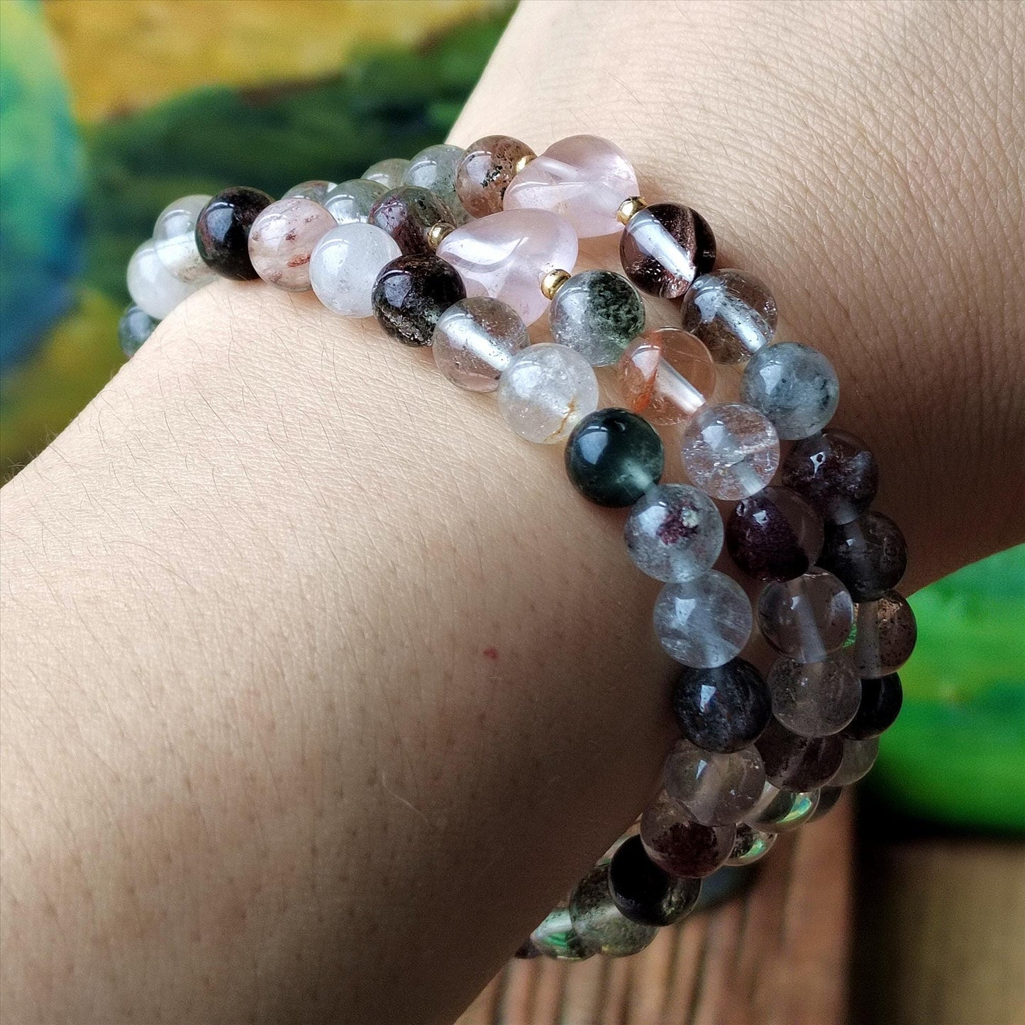 Natural Garden Quartz & Rose Quartz Bracelet Set, Boho Crystal Jewelry