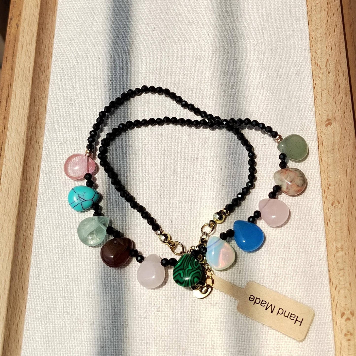 Black Spinel & Teardrop Crystal Necklace: Handmade Sterling Golden-Plated Chain