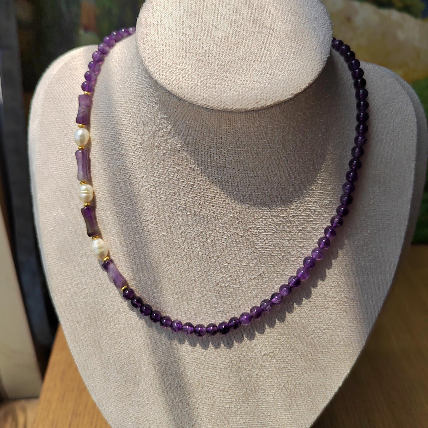 Amethyst Beads & Freshwater Pearl Necklace: Handmade Boho Healing Crystal