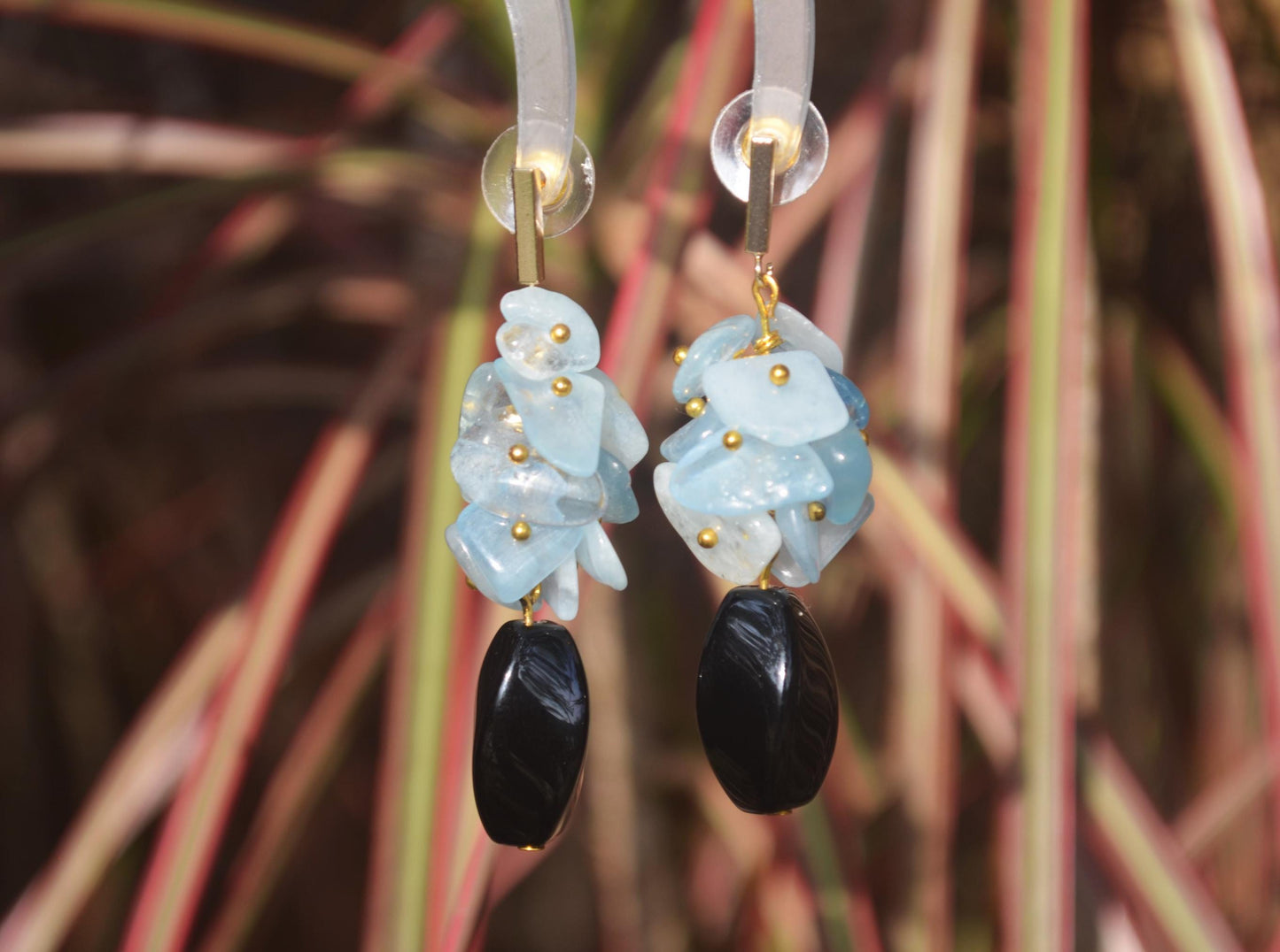 Aquamarine & Black Onyx Dangle Earrings: Gold-Plated Boho Jewelry