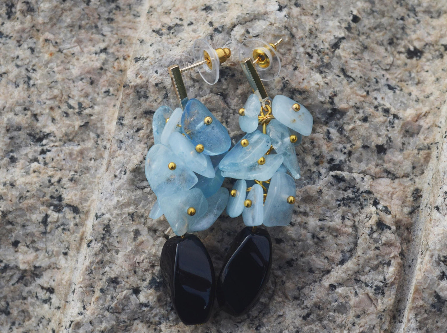 Aquamarine & Black Onyx Dangle Earrings: Gold-Plated Boho Jewelry