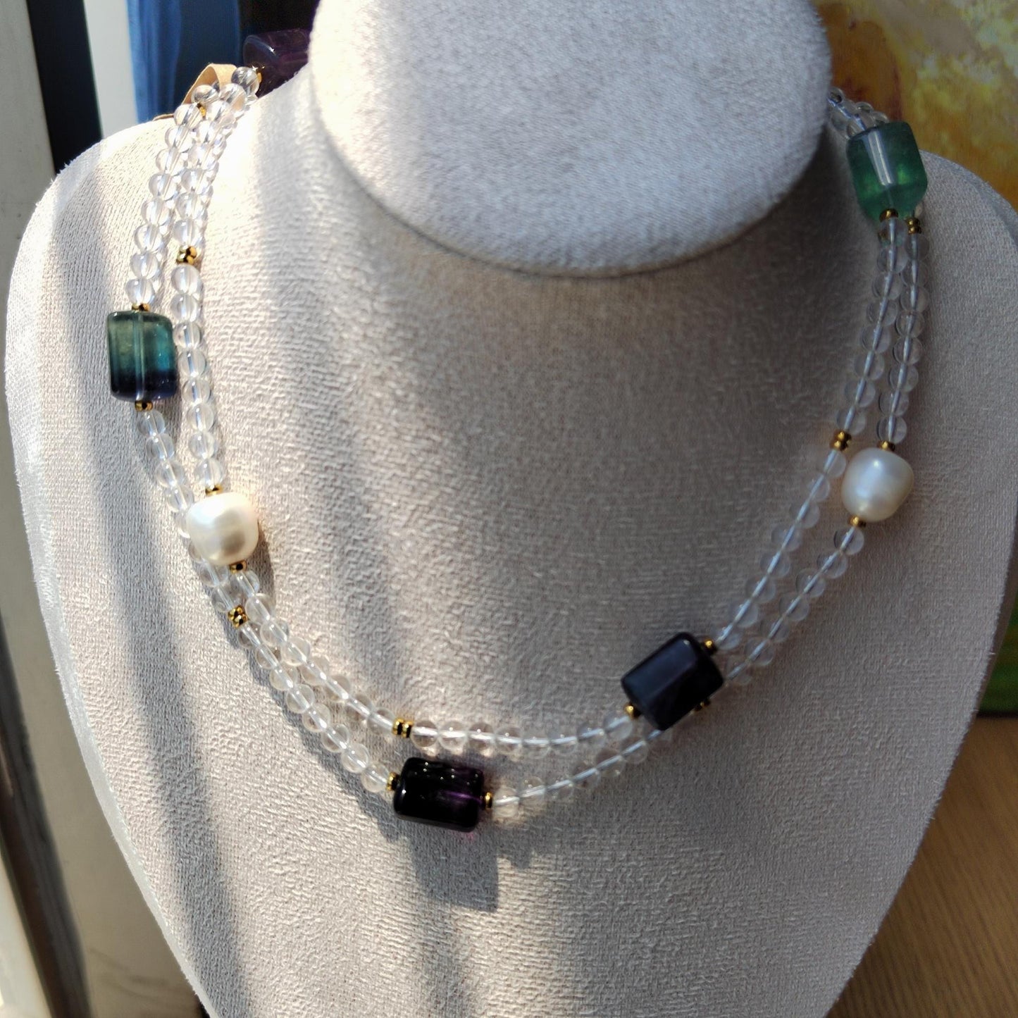 Quartz Fluorite Freshwater Pear Necklace, Healing Crystal Beaded Bohemia Necklace, Stability Protection Necklace Gift, Boho Long Necklace