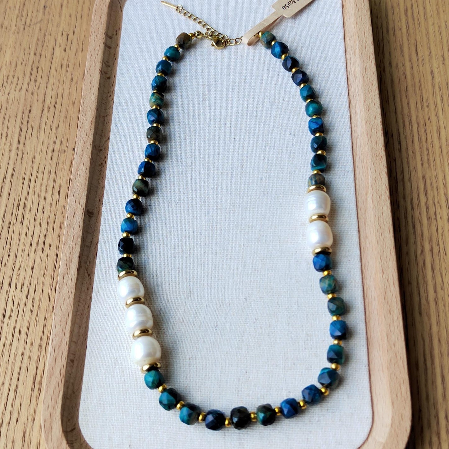 Beaded Necklace Natural Crystal Blue Tiger's Eyes & Pearl Boho Chic Handmade Gemstone Jewelry Elegant DIY Craft gift for her