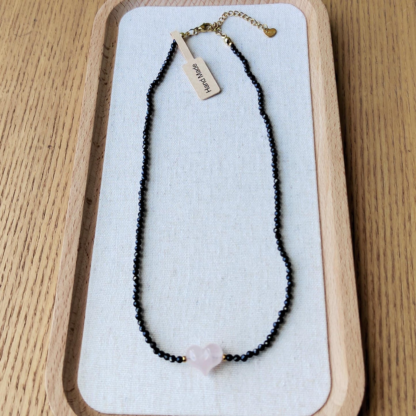 Handmade Natural Black Spinel Diamond - Cut & Pink Quartz Heart Necklace