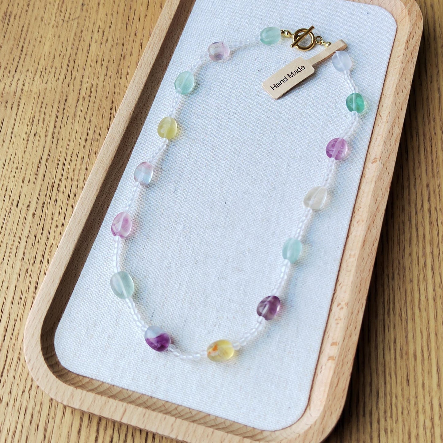 Handmade Fluorite & Clear Quartz Gemstone Necklace: Sterling Gold Plated