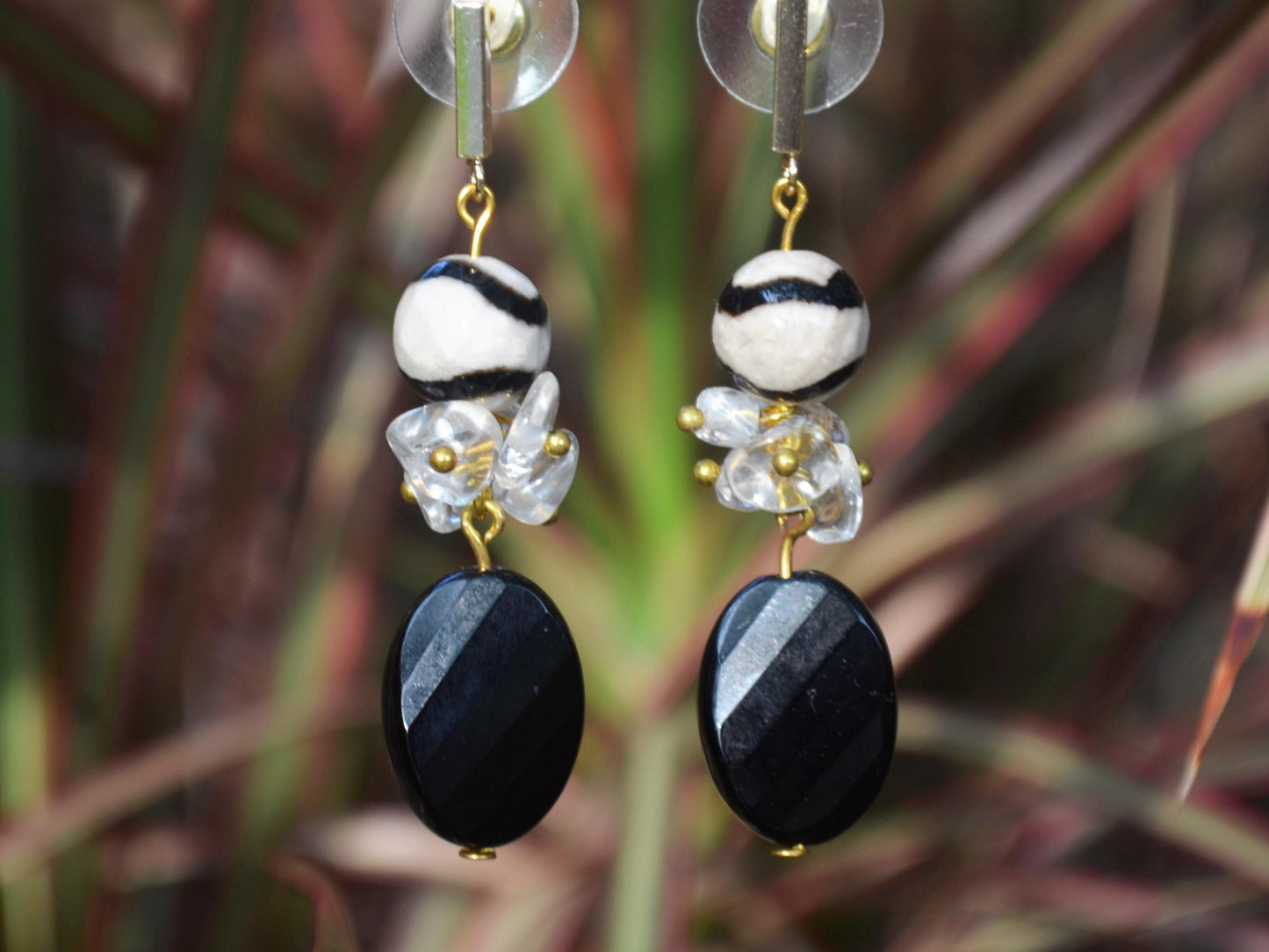 Natural Quartz Crystal Dangle Earrings with Black Onyx & Agate Boho Jewelry