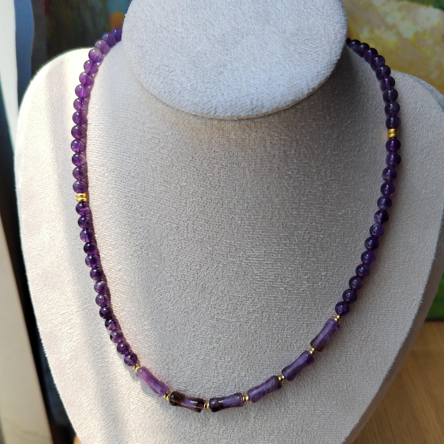 Handmade Amethyst Bead Necklace Sterling Gold Plated Chain Elegant Gemstone Jewelry DIY Craft