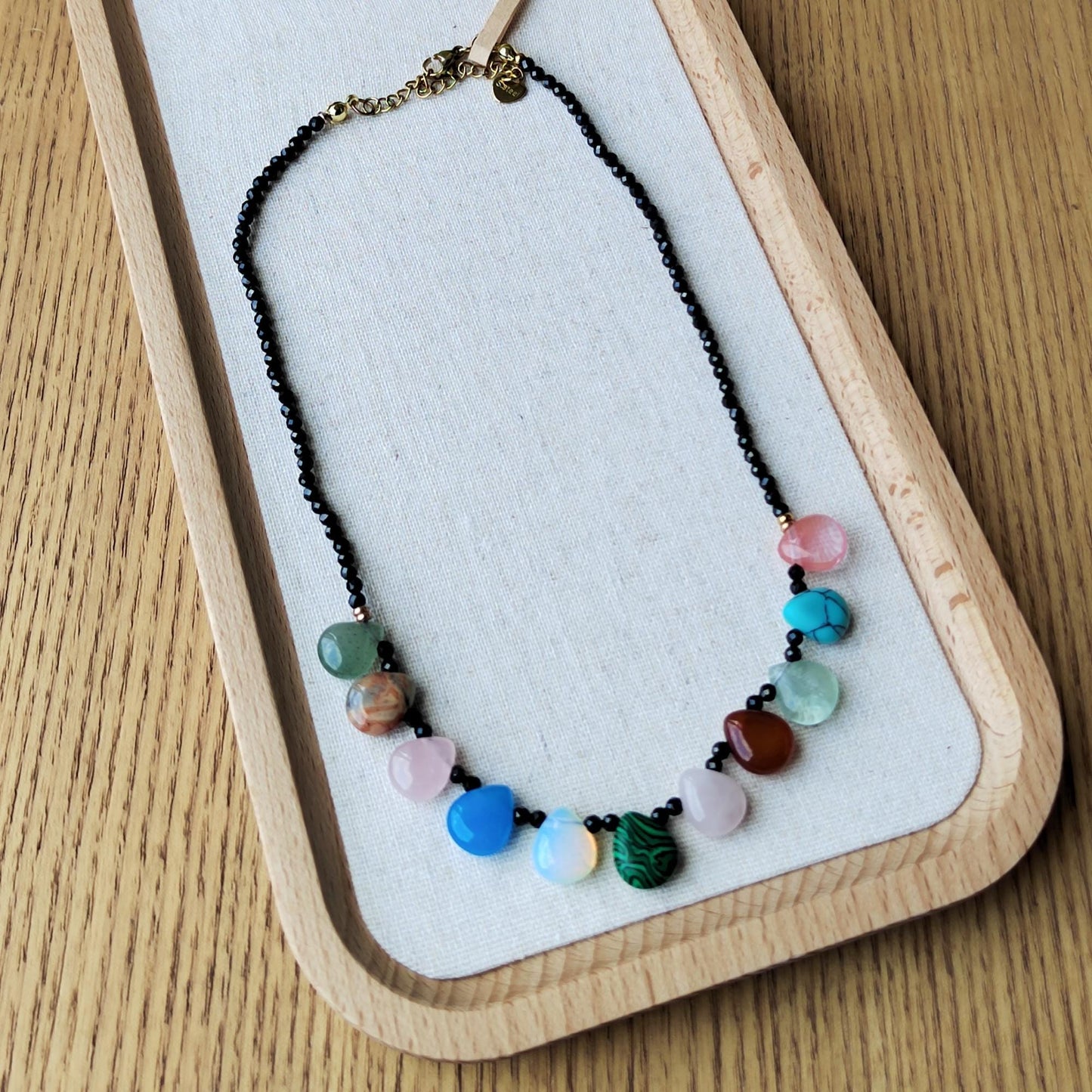 Black Spinel & Teardrop Crystal Necklace: Handmade Sterling Golden-Plated Chain