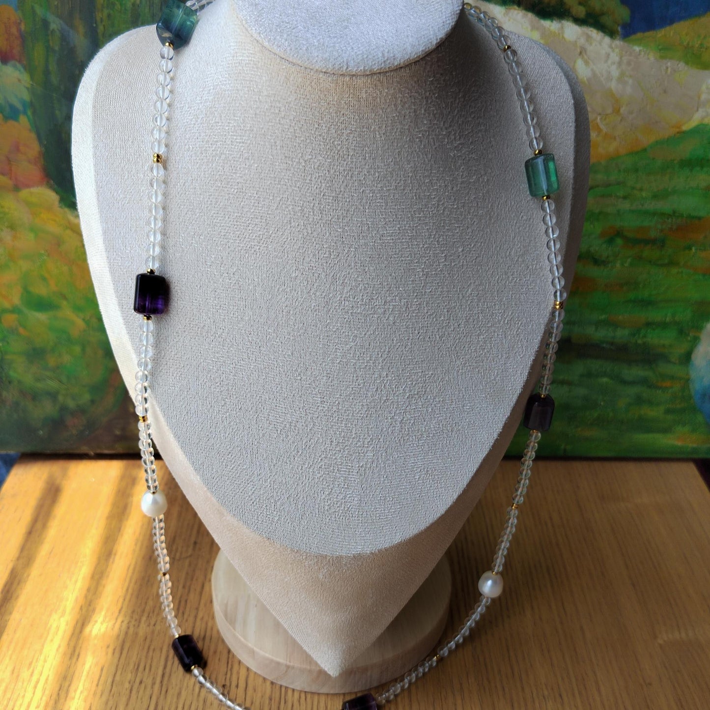 Quartz Fluorite Freshwater Pear Necklace, Healing Crystal Beaded Bohemia Necklace, Stability Protection Necklace Gift, Boho Long Necklace