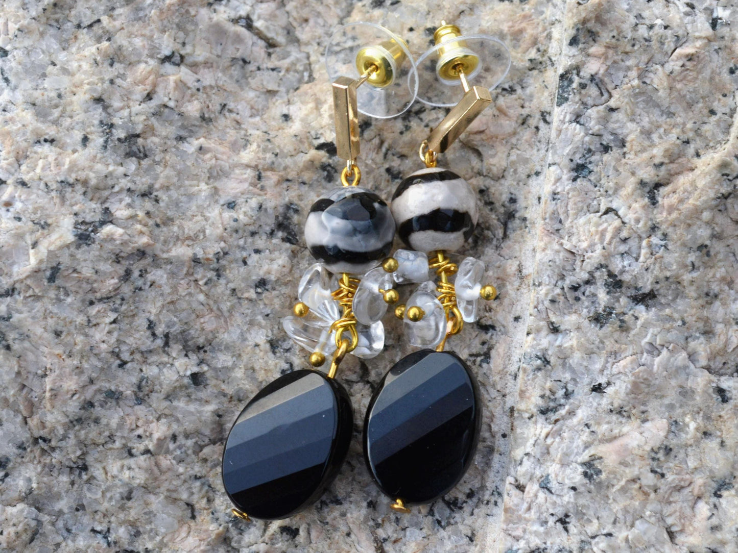 Natural Quartz Crystal Dangle Earrings with Black Onyx & Agate Boho Jewelry