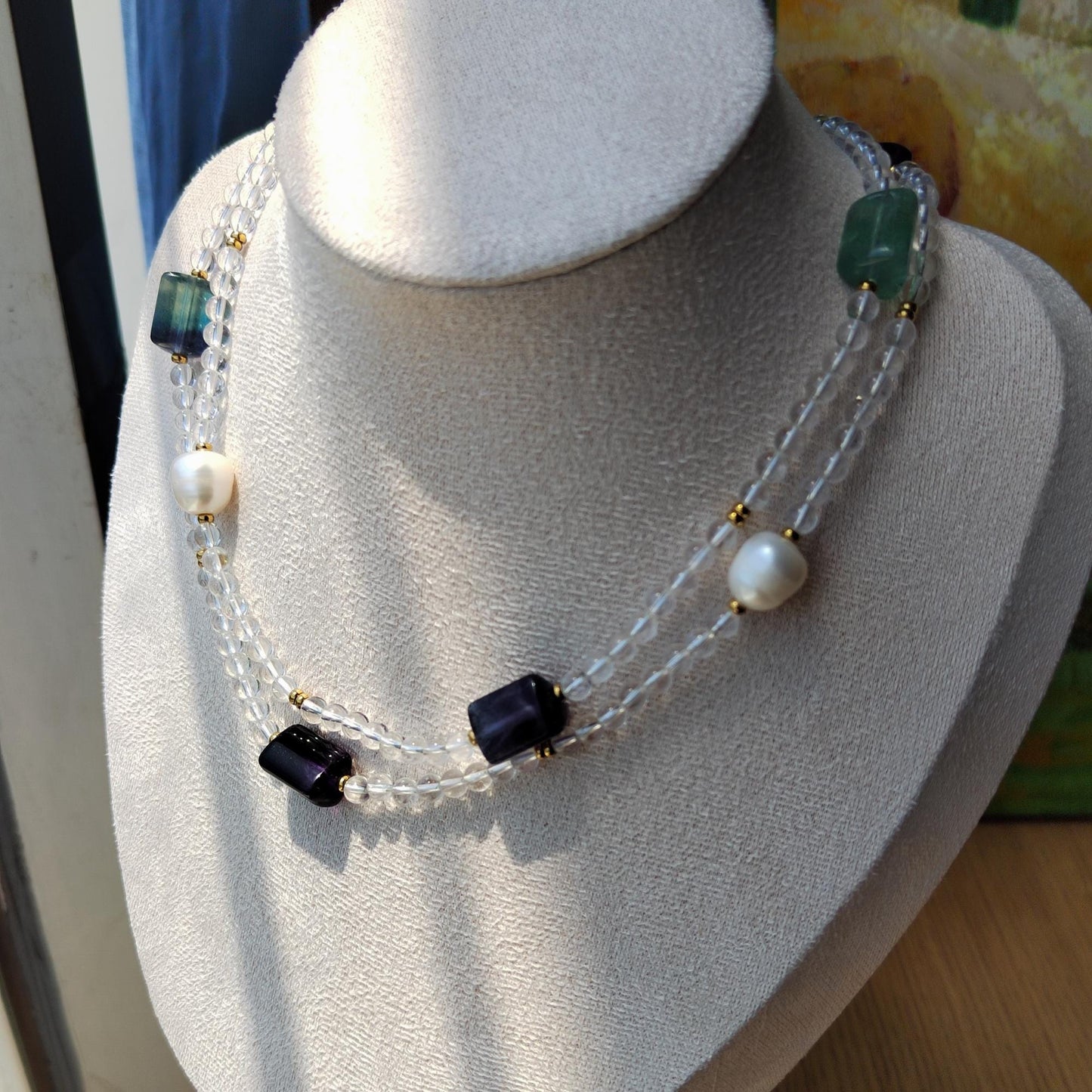 Quartz Fluorite Freshwater Pear Necklace, Healing Crystal Beaded Bohemia Necklace, Stability Protection Necklace Gift, Boho Long Necklace