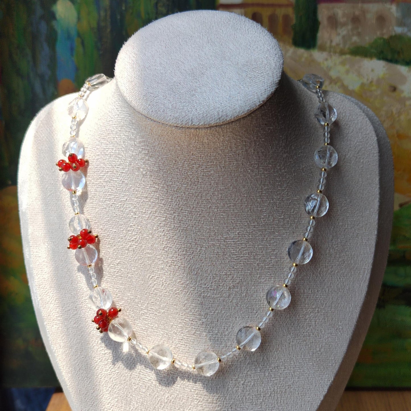 Handmade Natural Clear Quartz & Red Agate Beaded Necklace Real Crystal Jewelry