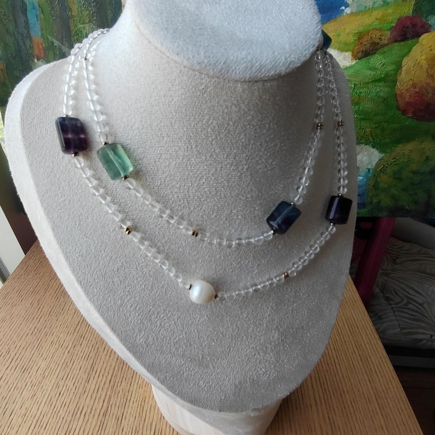 Quartz Fluorite Freshwater Pear Necklace, Healing Crystal Beaded Bohemia Necklace, Stability Protection Necklace Gift, Boho Long Necklace